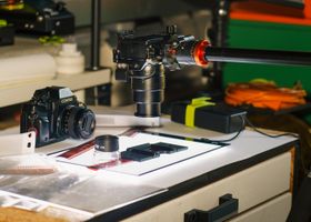 Analog camera resting on a darkroom table